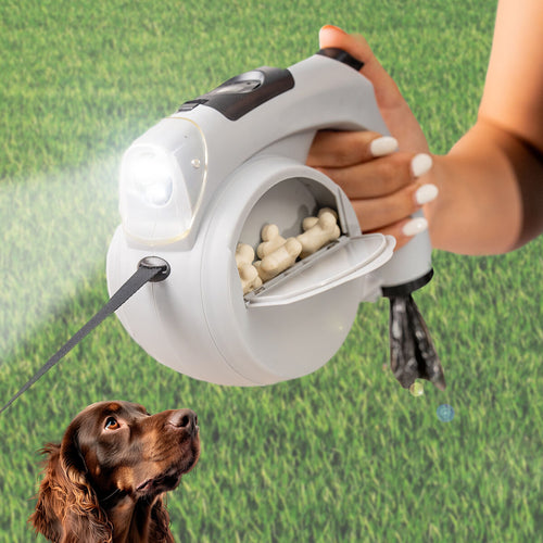 Main tenant la laisse rétractable 6 en 1, lampe LED allumée et compartiment à friandises ouvert, un chien levé vers elle dans l'herbe