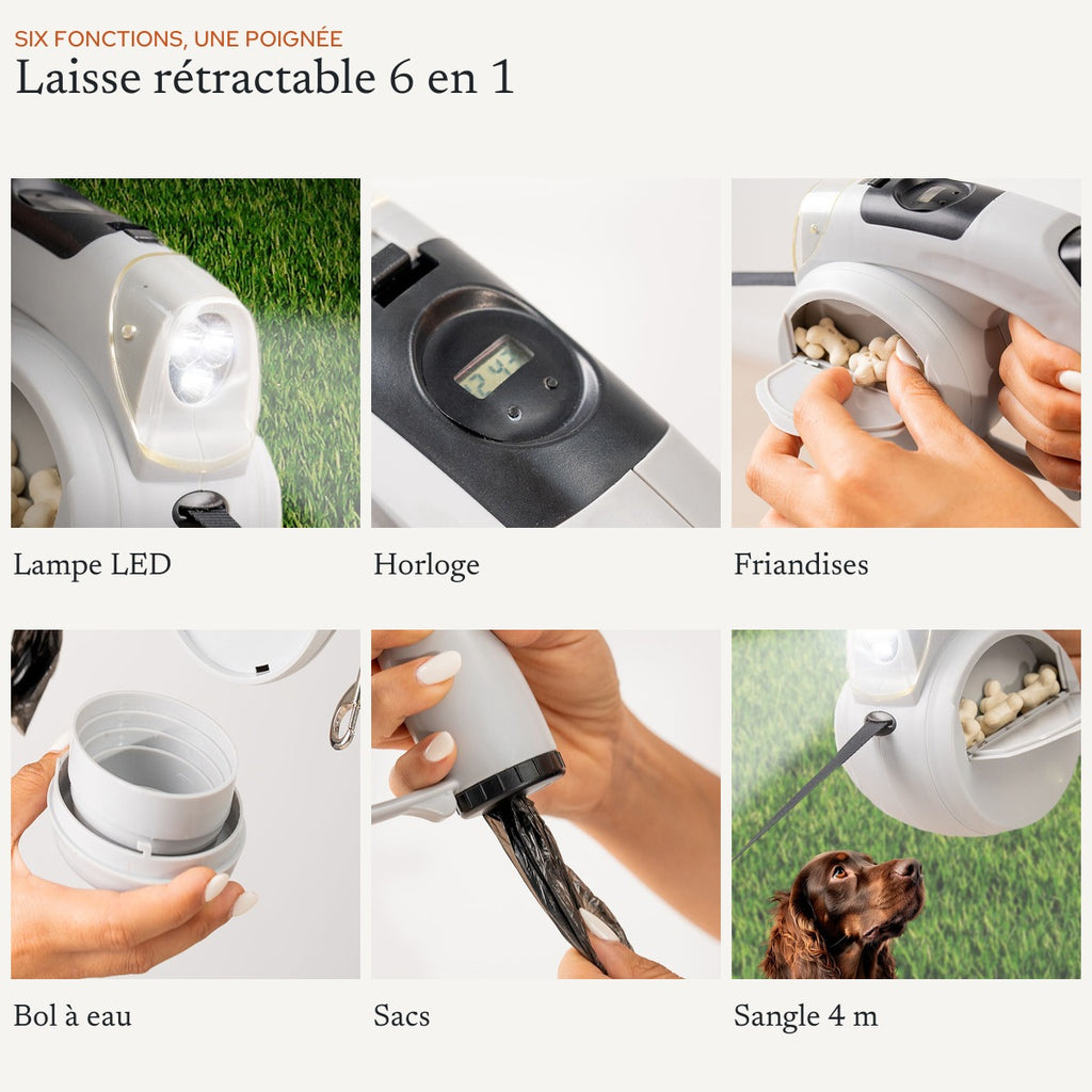 Les six fonctions en détail : lampe LED, horloge, friandises, bol à eau, distributeur de sacs et sangle de 4 m
